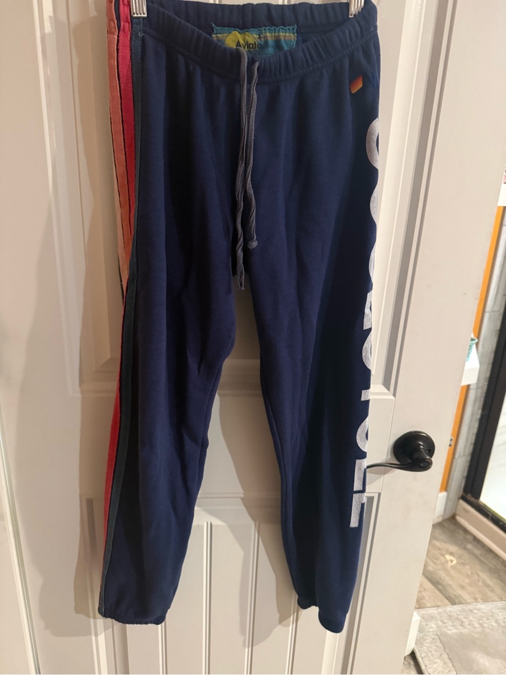 Aviator Nation Navy Jogger Sweatpants with Stripe Soul Cycle